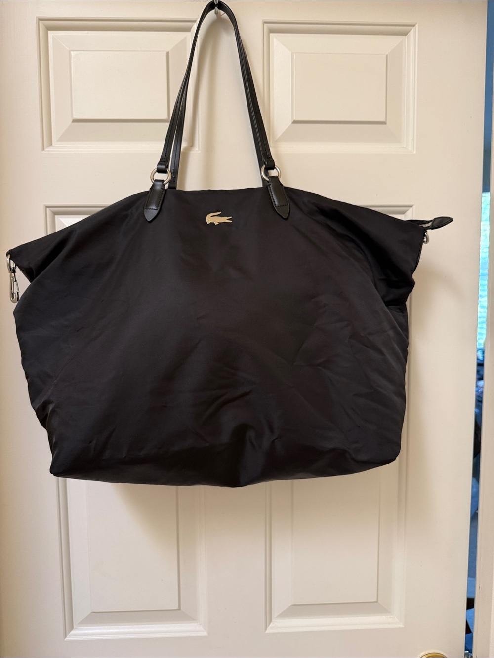 Lacoste Black Nylon Shoulder Tote with Silver Crocodile -missing Xbody strap